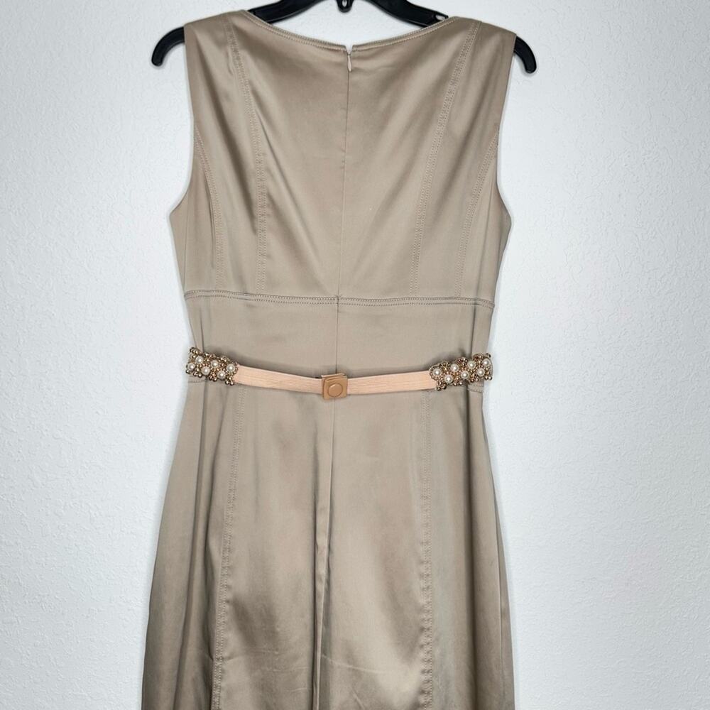 Kay Unger Champagne Satin Embellished Pearl Belt Sleeveless Midi Dress Size 12 - Picture 6 of 10